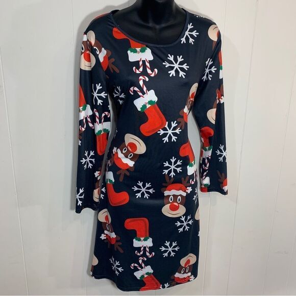 CHRISTMAS reindeer knee length holiday dress small - Picture 1 of 4